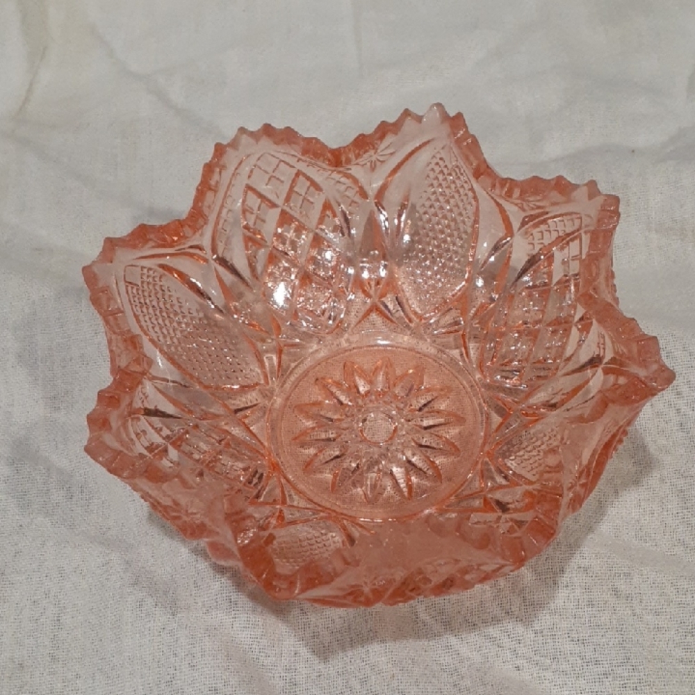Rare Pattern Pink Pressed Glass Trinket Dish/bowl.VG Condition. Small .